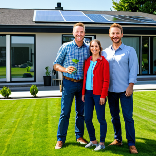 **

"A modern, energy-efficient home with a geothermal heating and cooling system visible in the yard, professional landscaping, fully clothed family members smiling in the foreground, modest attire, safe for work, appropriate content, perfect anatomy, correct proportions, natural pose, daytime, clear sky, showcasing sustainable living, professional photography, high quality."

**