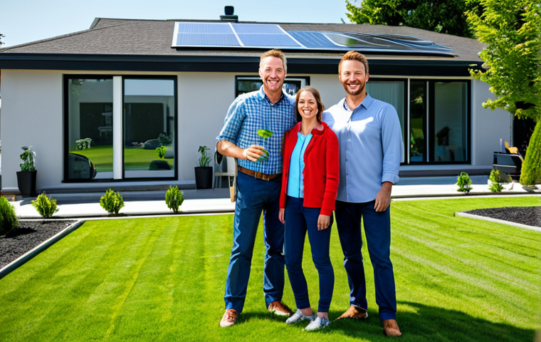 **
"A modern, energy-efficient home with a geothermal heating and cooling system visible in the yard, professional landscaping, fully clothed family members smiling in the foreground, modest attire, safe for work, appropriate content, perfect anatomy, correct proportions, natural pose, daytime, clear sky, showcasing sustainable living, professional photography, high quality."
**
